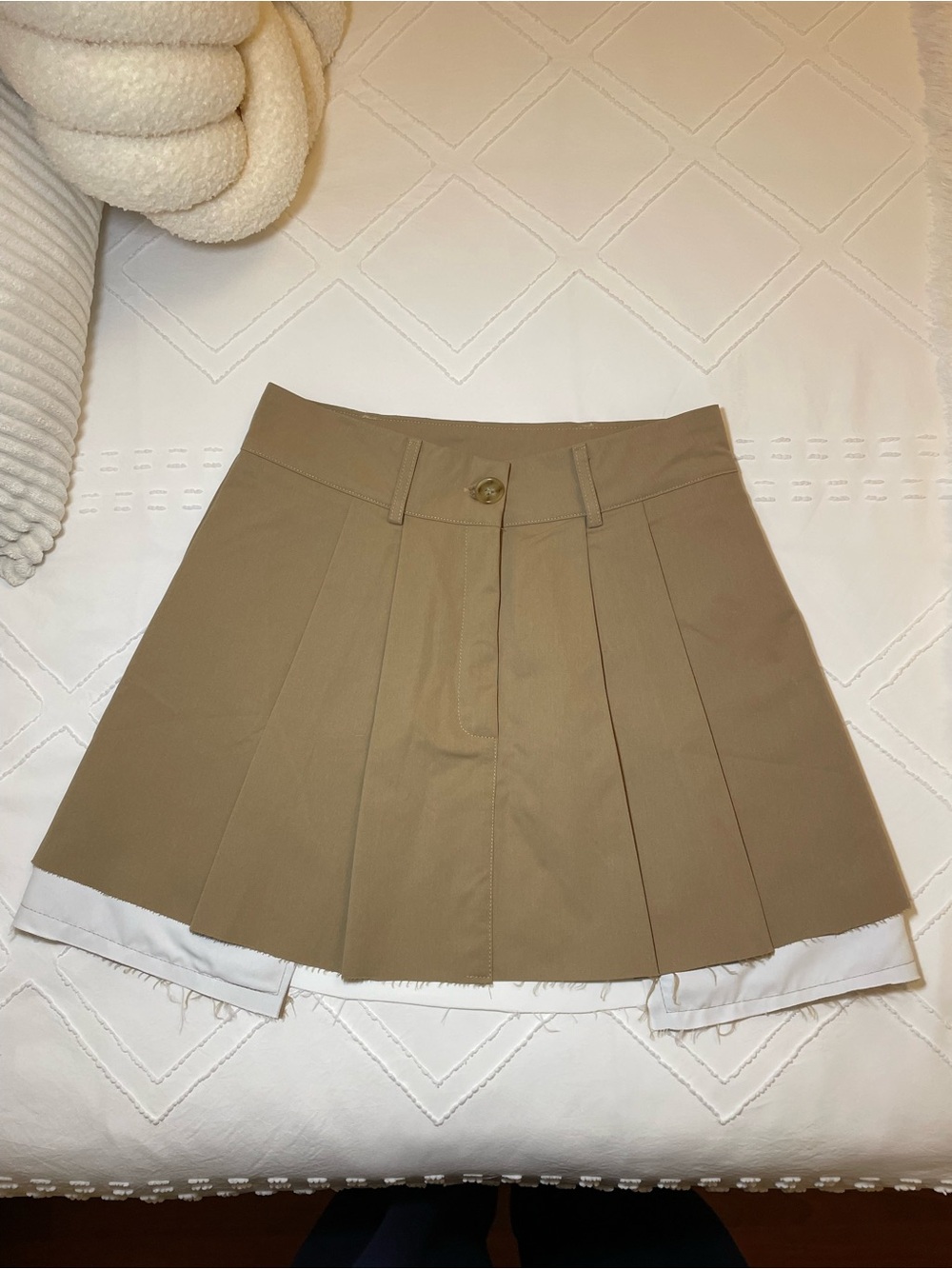 Pleated Khaki Mini Skirt with White Hem Size XS